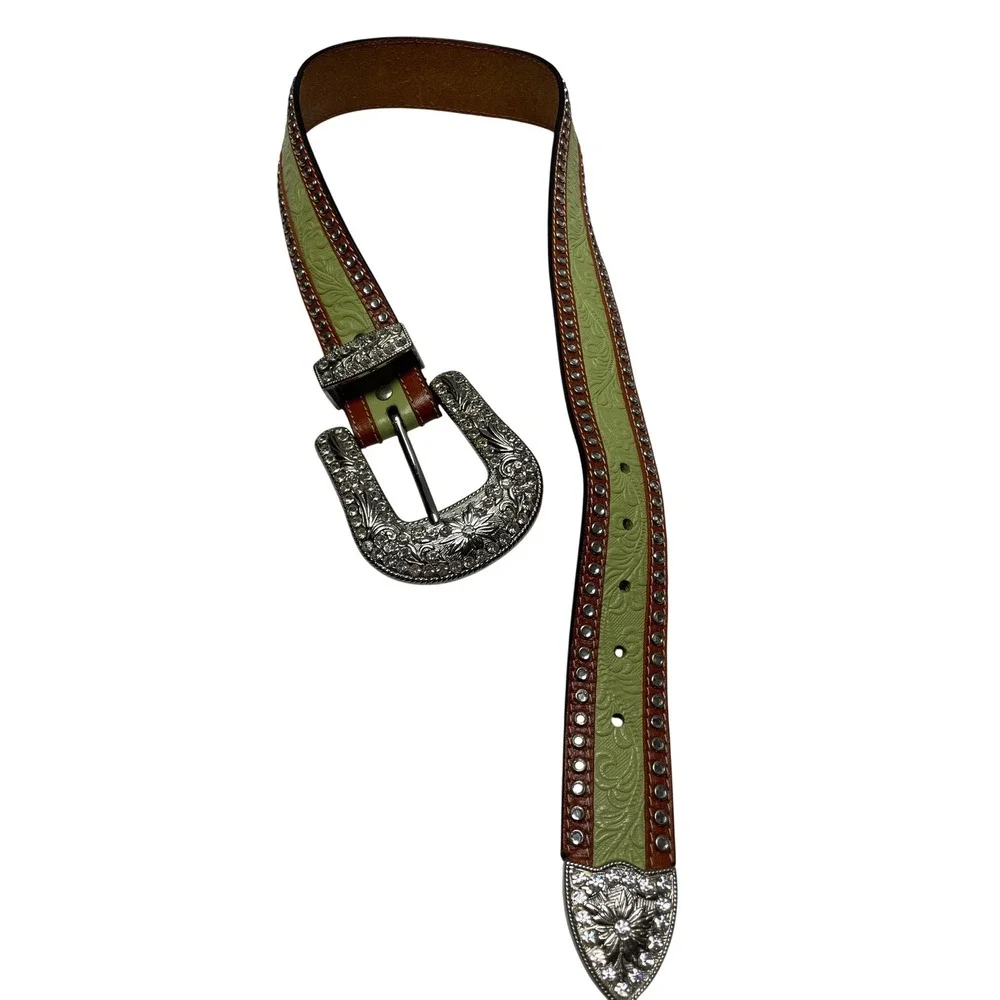 3D Belt Company Lime/Brown Geunine Leather Rhinestone Westen Belt Girls Youth L